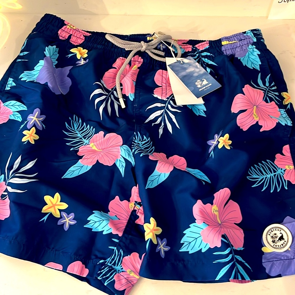 New Surf Cuz Men's Navy Hawaiian Pattern Quick Dry Pockets sm NWT, swim trunks